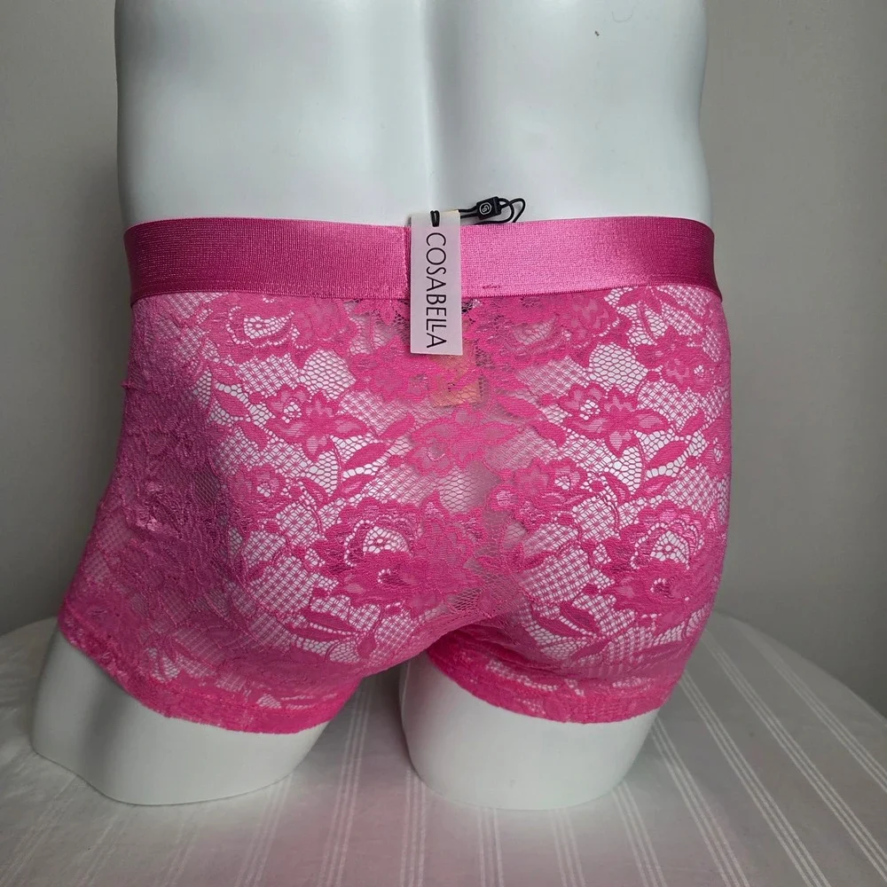 Cosabella Never Say Never Mens Pink Lace Boxer Briefs Sheer Floral Trunks NEW‎